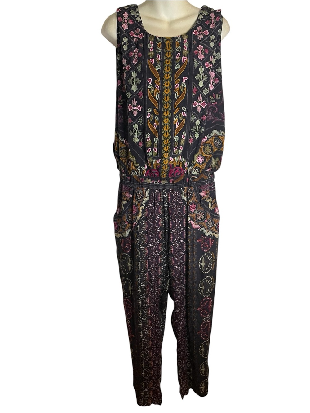Hermant & Nandita Sleeveless Silk Jumpsuit in Black with Pink Accents Size XL